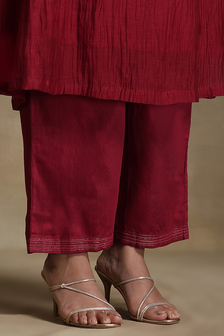 Red Pure Chanderi Hand Embroidered Kurta Set by Weaverstory at Pernia's Pop Up Shop