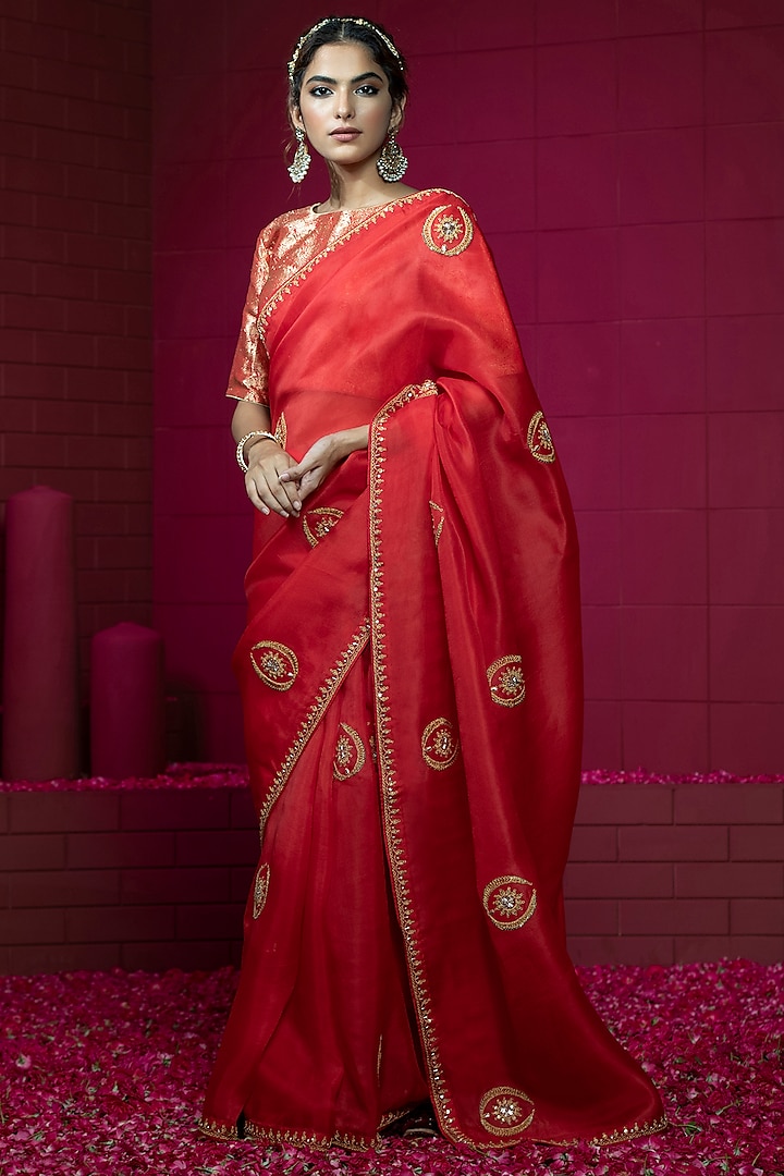 Brick Red Organza Embroidered Saree Set by Weaverstory