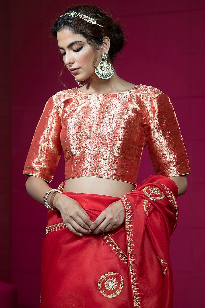 Brick Red Organza Embroidered Wedding Saree Set by Weaverstory at Pernia's Pop Up Shop
