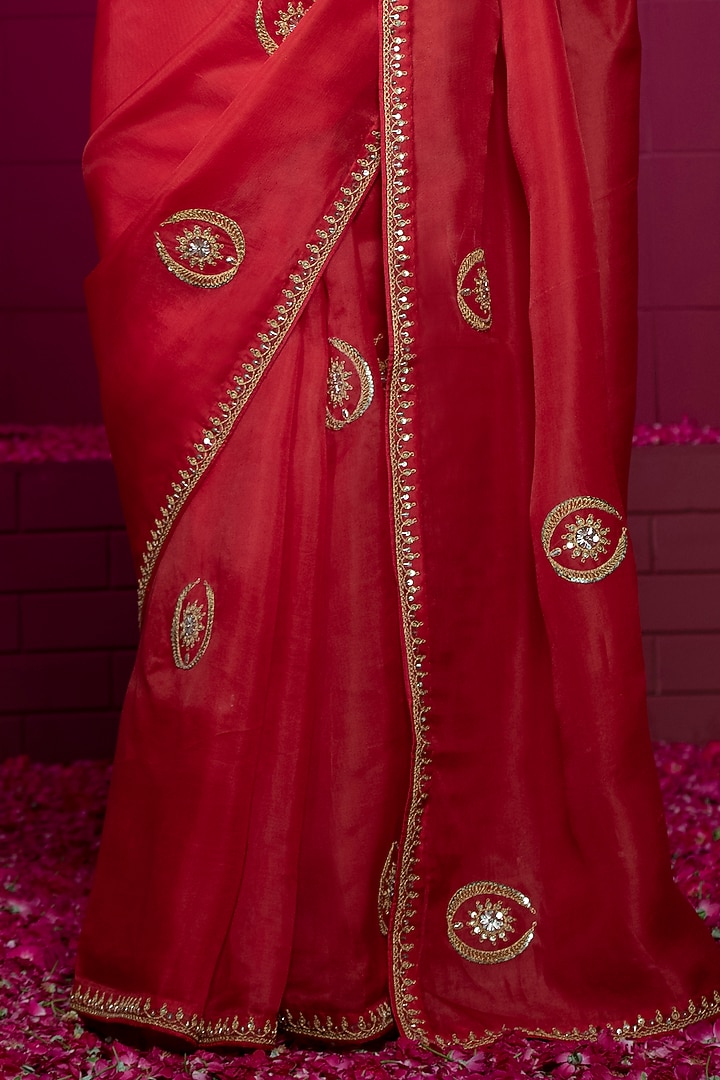 Brick Red Organza Embroidered Wedding Saree Set by Weaverstory at Pernia's Pop Up Shop