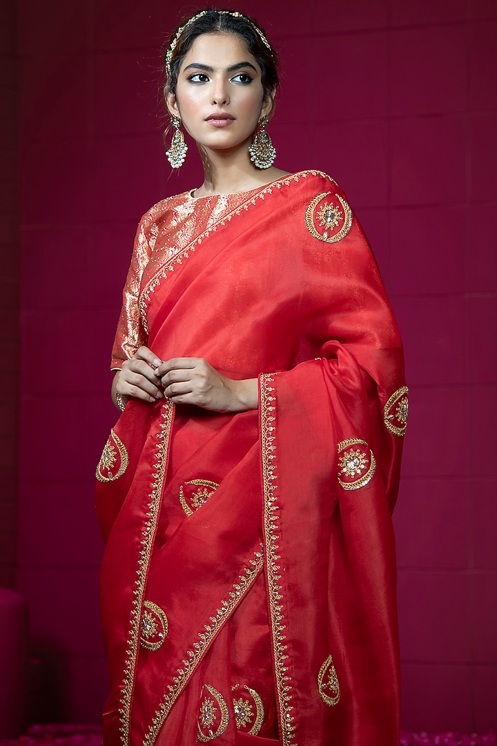 Brick Red Organza Embroidered Wedding Saree Set by Weaverstory at Pernia's Pop Up Shop