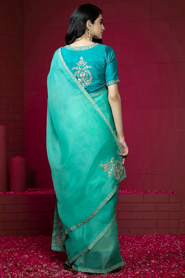 Aqua Blue Organza Embroidered Wedding Saree Set by Weaverstory at Pernia's Pop Up Shop