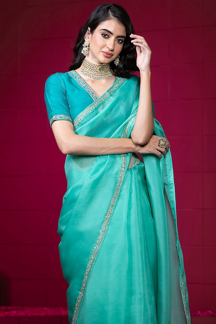 Aqua Blue Organza Embroidered Wedding Saree Set by Weaverstory at Pernia's Pop Up Shop