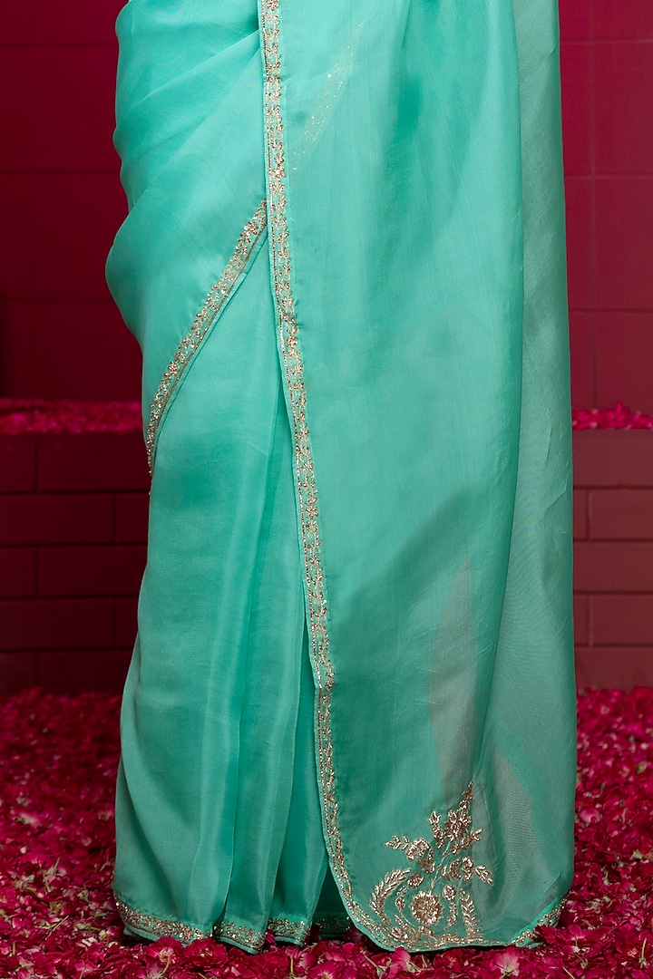 Aqua Blue Organza Embroidered Wedding Saree Set by Weaverstory at Pernia's Pop Up Shop