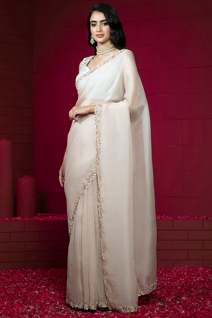 Baby Pink Organza Embroidered Saree Set by Weaverstory