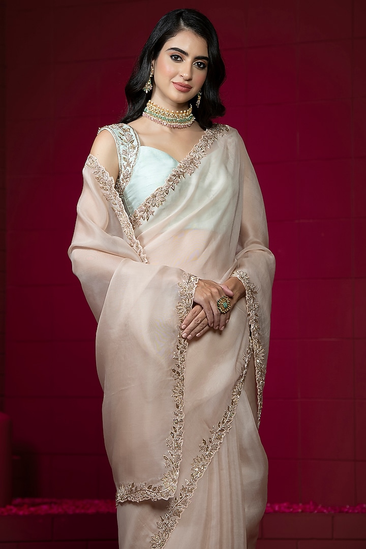Baby Pink Organza Embroidered Wedding Saree Set by Weaverstory at Pernia's Pop Up Shop