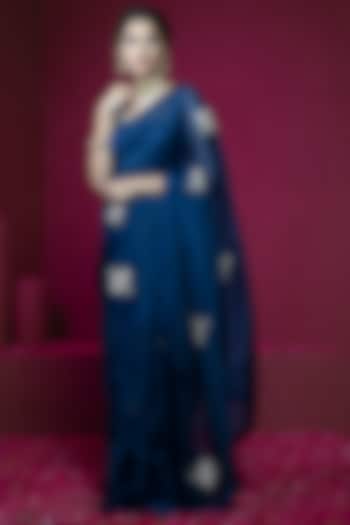 Midnight Blue Embroidered Organza Saree Set by Weaverstory
