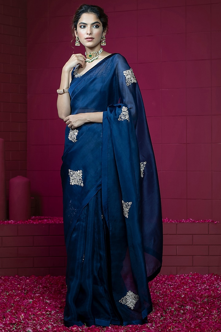 Midnight Blue Embroidered Organza Saree Set by Weaverstory