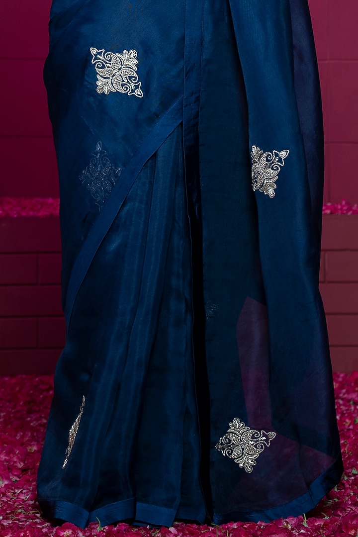Midnight Blue Embroidered Organza Wedding Saree Set by Weaverstory at Pernia's Pop Up Shop