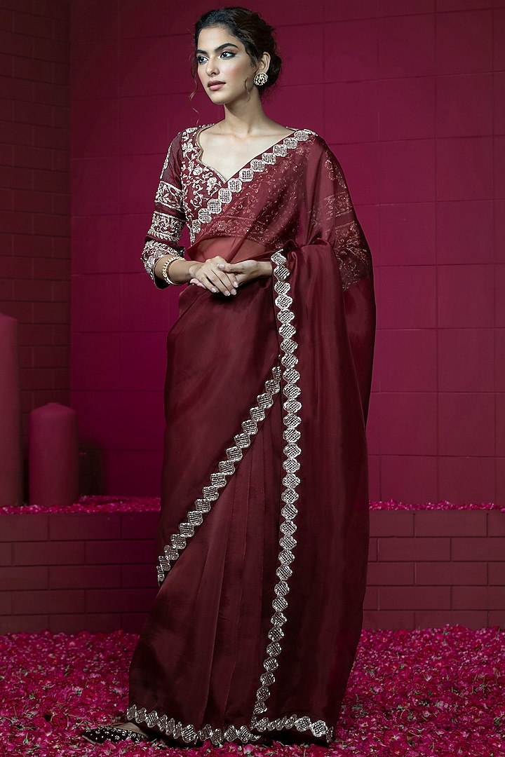 Maroon Organza Embroidered Saree Set by Weaverstory