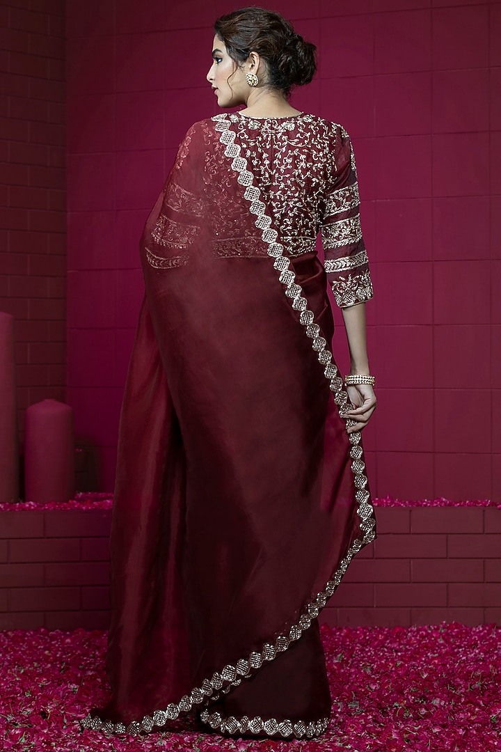Maroon Organza Embroidered Wedding Saree Set by Weaverstory at Pernia's Pop Up Shop