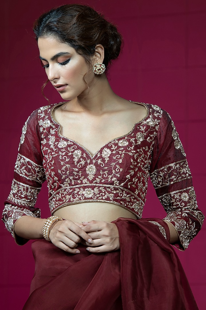 Maroon Organza Embroidered Wedding Saree Set by Weaverstory at Pernia's Pop Up Shop
