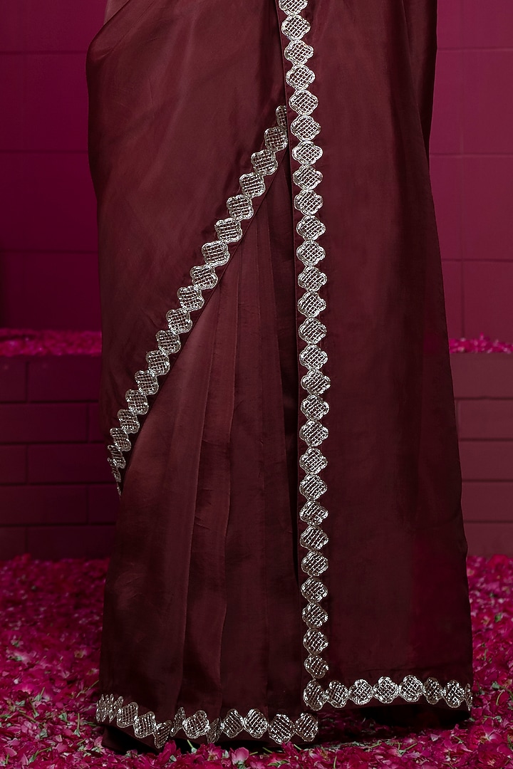 Maroon Organza Embroidered Wedding Saree Set by Weaverstory at Pernia's Pop Up Shop
