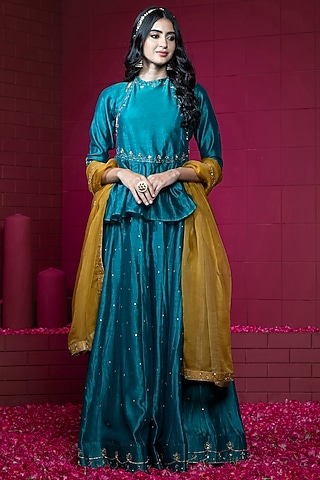Teal Chanderi Embroidered Lehenga Set by Weaverstory