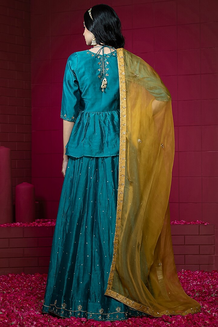 Teal Chanderi Embroidered Wedding Lehenga Set by Weaverstory at Pernia's Pop Up Shop