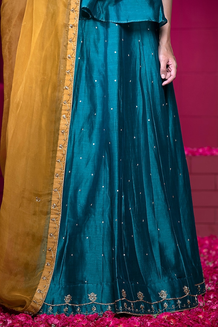 Teal Chanderi Embroidered Wedding Lehenga Set by Weaverstory at Pernia's Pop Up Shop