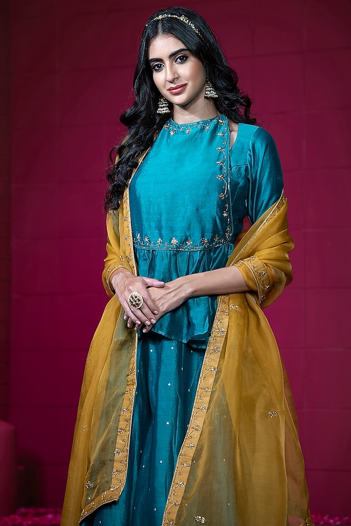 Teal Chanderi Embroidered Wedding Lehenga Set by Weaverstory at Pernia's Pop Up Shop