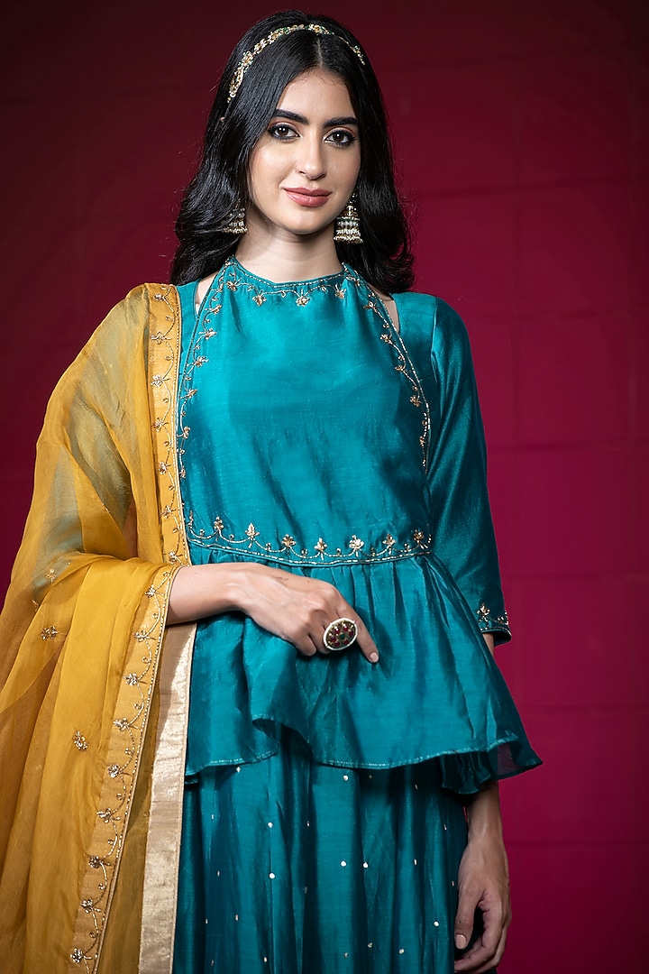 Teal Chanderi Embroidered Wedding Lehenga Set by Weaverstory at Pernia's Pop Up Shop