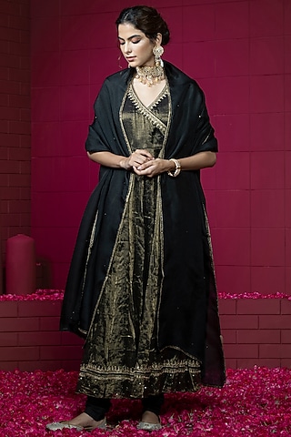 Black & Gold Chanderi Tissue Embroidered Anarkali Set by Weaverstory