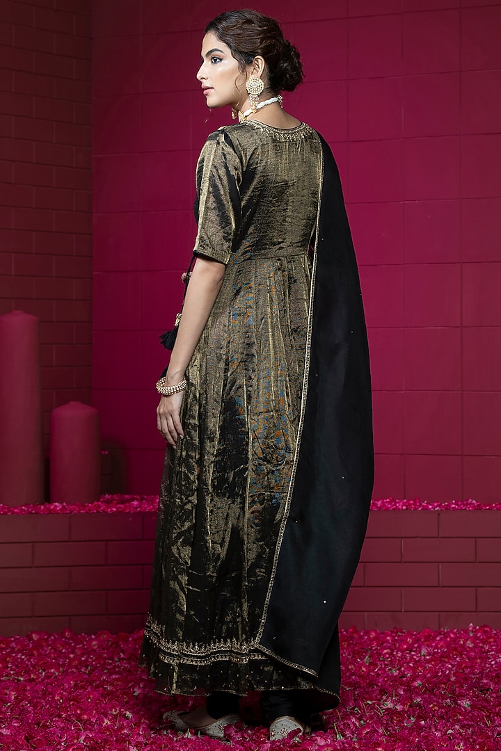Black & Gold Chanderi Tissue Embroidered Wedding Anarkali Set by Weaverstory at Pernia's Pop Up Shop