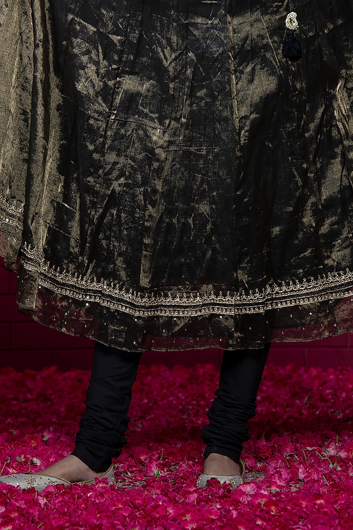 Black & Gold Chanderi Tissue Embroidered Wedding Anarkali Set by Weaverstory at Pernia's Pop Up Shop