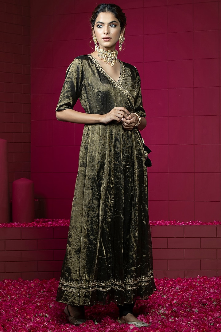 Black & Gold Chanderi Tissue Embroidered Wedding Anarkali Set by Weaverstory at Pernia's Pop Up Shop
