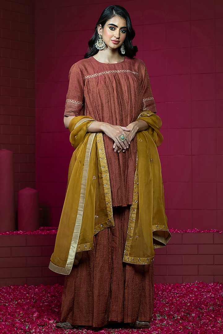 Maroon Tissue Chanderi Gharara Set by Weaverstory