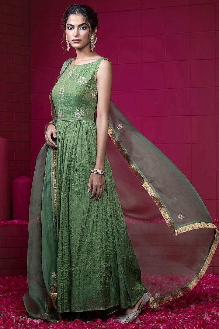 Sap Green Chanderi Tissue Embroidered Anarkali Set by Weaverstory