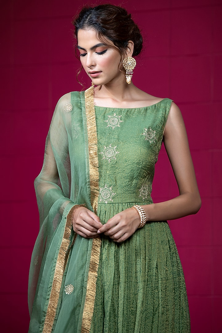 Sap Green Chanderi Tissue Embroidered Wedding Anarkali Set by Weaverstory at Pernia's Pop Up Shop