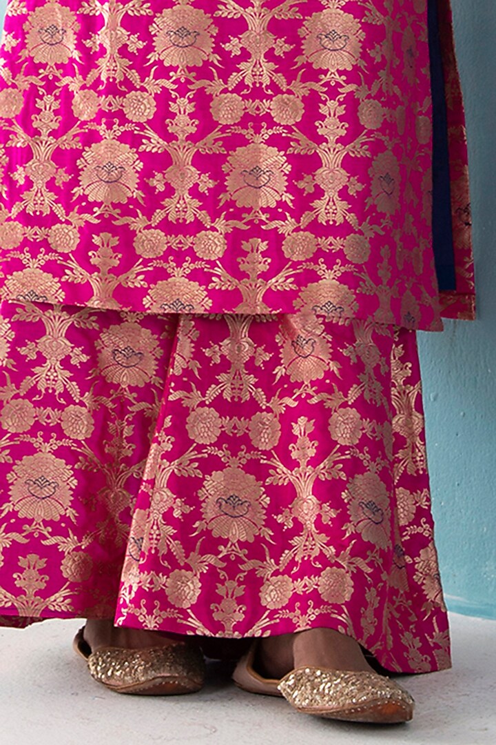 Hand-Embroidered Ombre Fuchsia-Pink Pure Katan-Silk Kurta-Pants Set