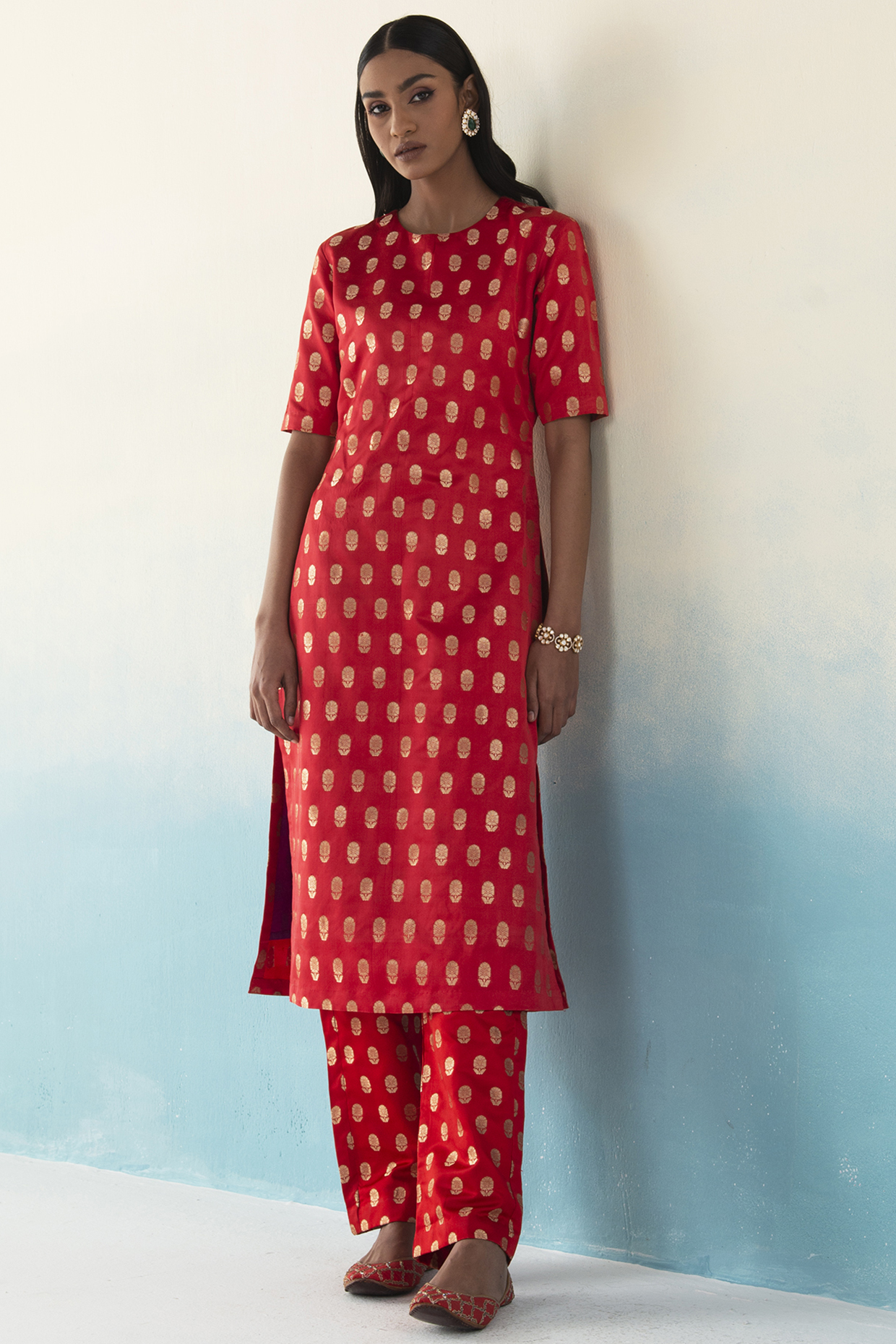 Asher Red Kurta Set With Zardosi Work by Weaverstory at Pernia's Pop Up Shop