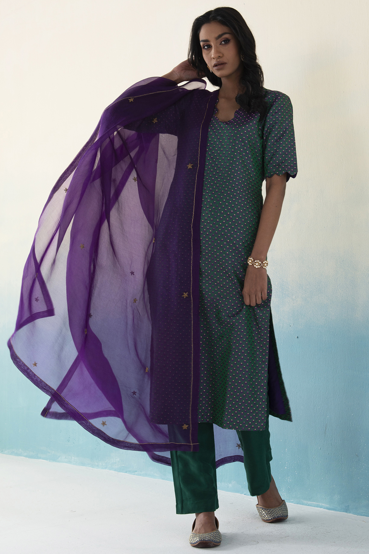 Teal Green Scalloped Kurta Set by Weaverstory at Pernia's Pop Up Shop