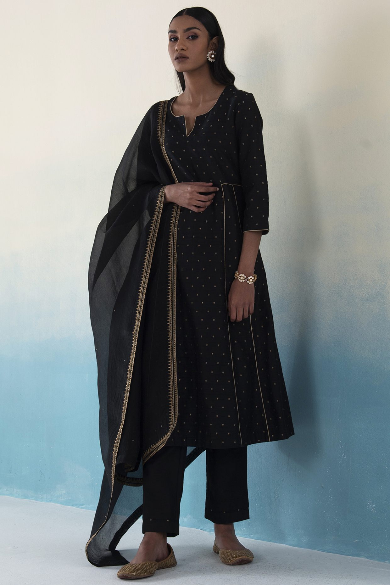 Black Pure Tussar Silk A-Line Kurta Set by Weaverstory at Pernia's Pop Up Shop