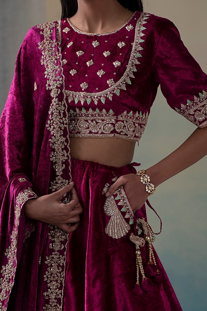 Fuchsia Hand Embroidered Wedding Lehenga Set by Weaverstory at Pernia's Pop Up Shop