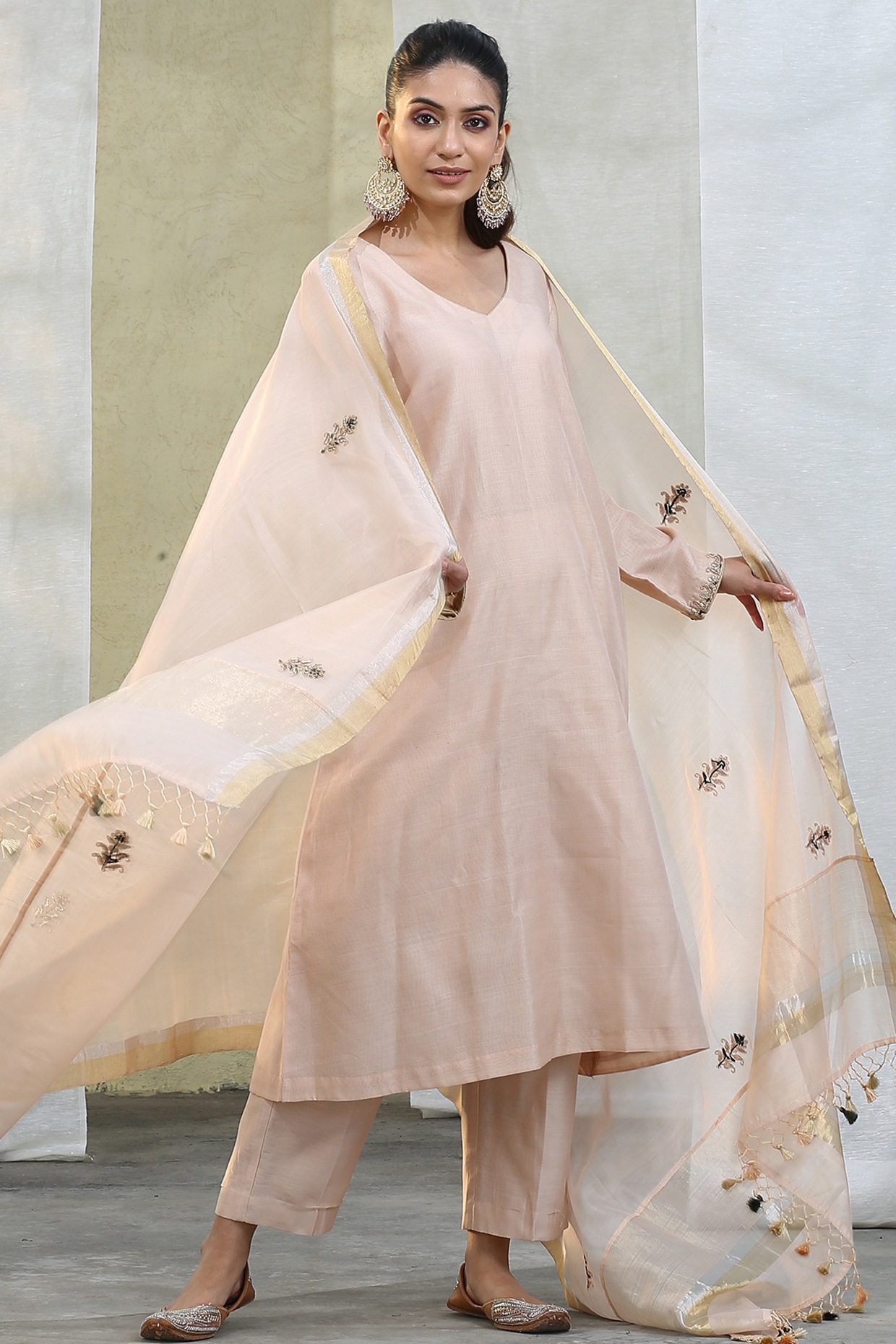 Peach - Organic Kala Cotton Handloom Buti Long Kurta