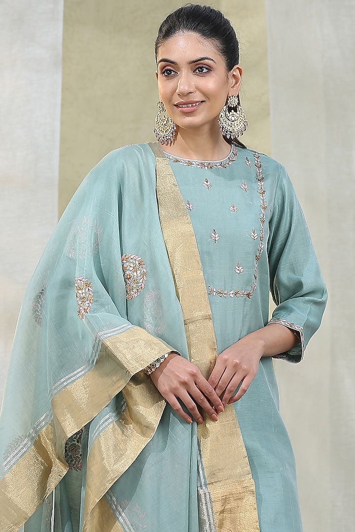 Powder Blue Handloom Kurta Set by Weaverstory at Pernia's Pop Up Shop