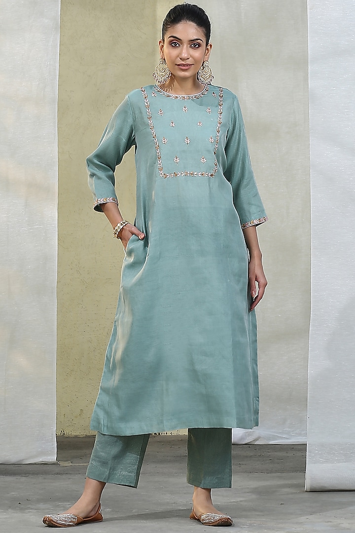 Powder Blue Handloom Kurta Set by Weaverstory at Pernia's Pop Up Shop