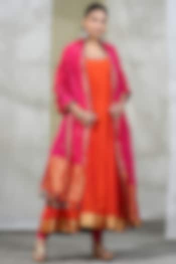 Orange Handloom Anarkali Set by Weaverstory