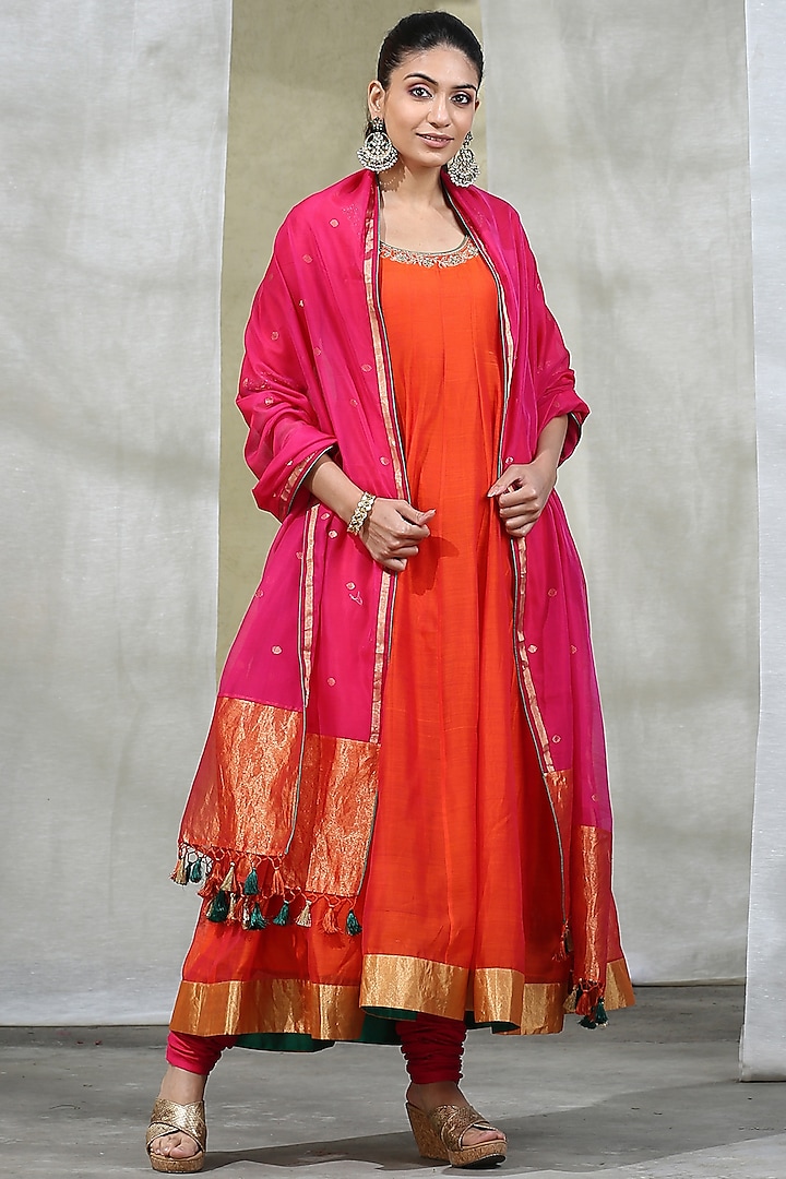 Orange Handloom Anarkali Set by Weaverstory