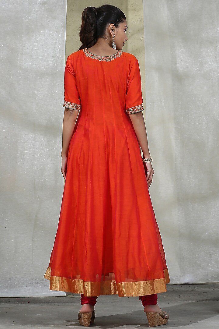 Orange Handloom Wedding Anarkali Set by Weaverstory at Pernia's Pop Up Shop