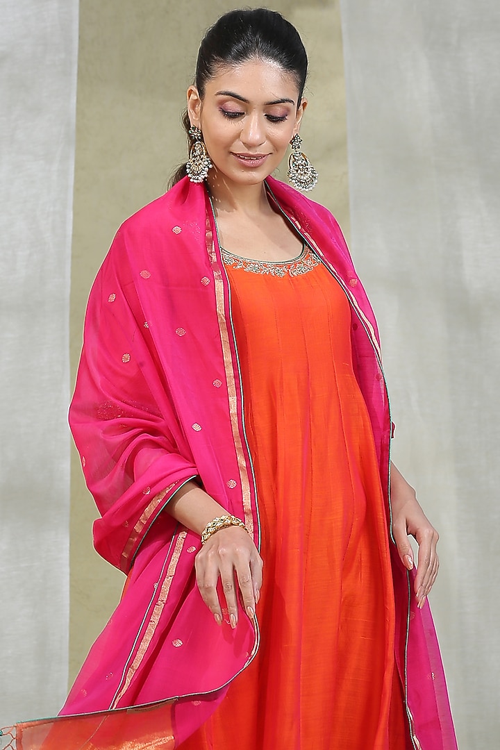 Orange Handloom Wedding Anarkali Set by Weaverstory at Pernia's Pop Up Shop
