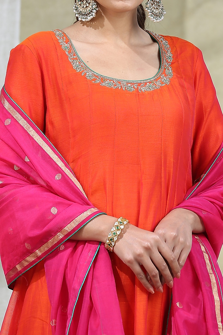Orange Handloom Wedding Anarkali Set by Weaverstory at Pernia's Pop Up Shop