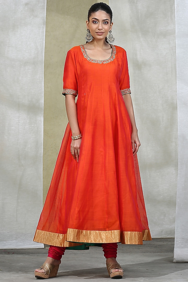 Orange Handloom Wedding Anarkali Set by Weaverstory at Pernia's Pop Up Shop