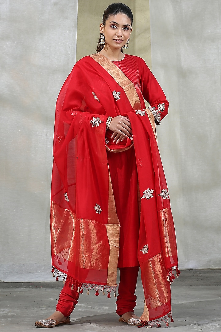 Bold Red Handloom Kurta Set by Weaverstory at Pernia's Pop Up Shop