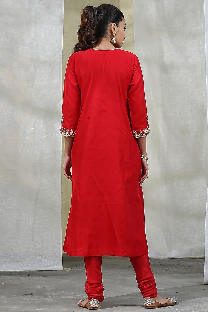 Bold Red Handloom Kurta Set by Weaverstory at Pernia's Pop Up Shop