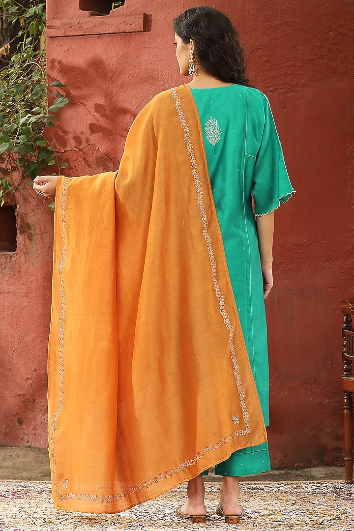 Turquoise Blue Pure Chanderi Silk Floral Motif Embroidered Kurta Set by Weaverstory at Pernia's Pop Up Shop