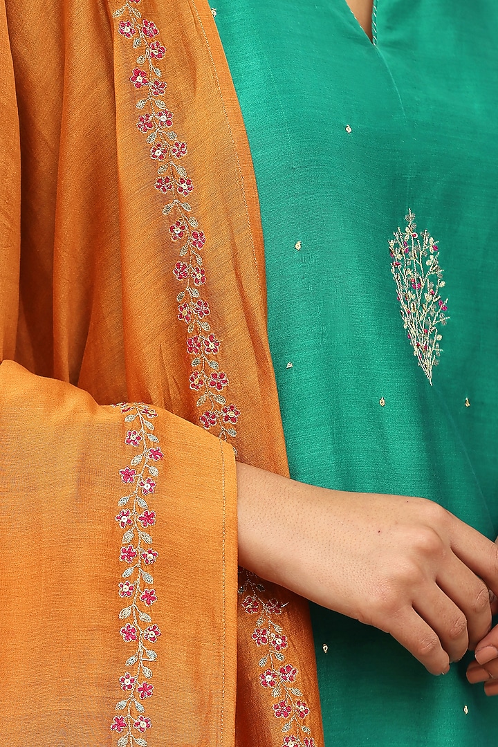 Turquoise Blue Pure Chanderi Silk Floral Motif Embroidered Kurta Set by Weaverstory at Pernia's Pop Up Shop