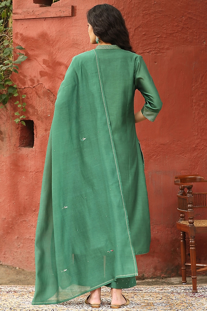 Sage Green Pure Chanderi Silk Motif Embroidered Kurta Set by Weaverstory at Pernia's Pop Up Shop