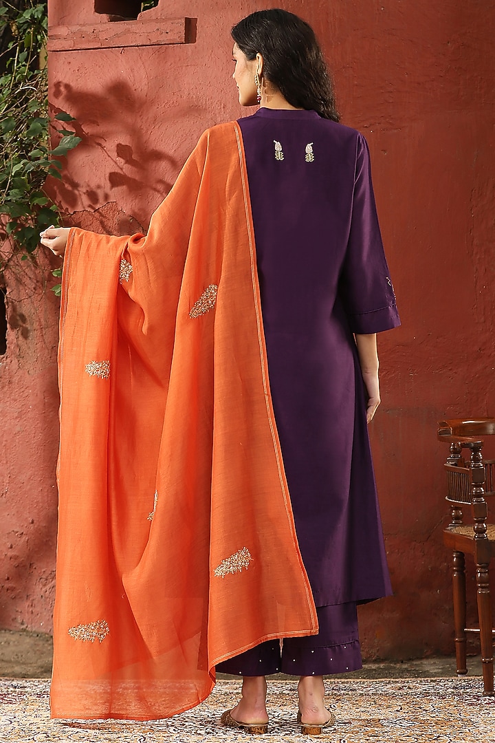 Deep Purple Pure Chanderi Silk Paisley Embellished A-Line Kurta Set by Weaverstory at Pernia's Pop Up Shop