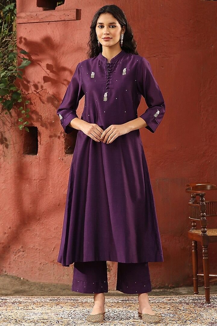 Deep Purple Pure Chanderi Silk Paisley Embellished A-Line Kurta Set by Weaverstory at Pernia's Pop Up Shop
